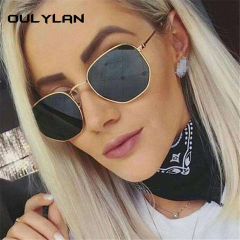 Oulylan Fashion Sunglasses Women Brand Designer Small Polygon Clear Lens Men Vintage Sun Glasses Hexagon Metal Frame